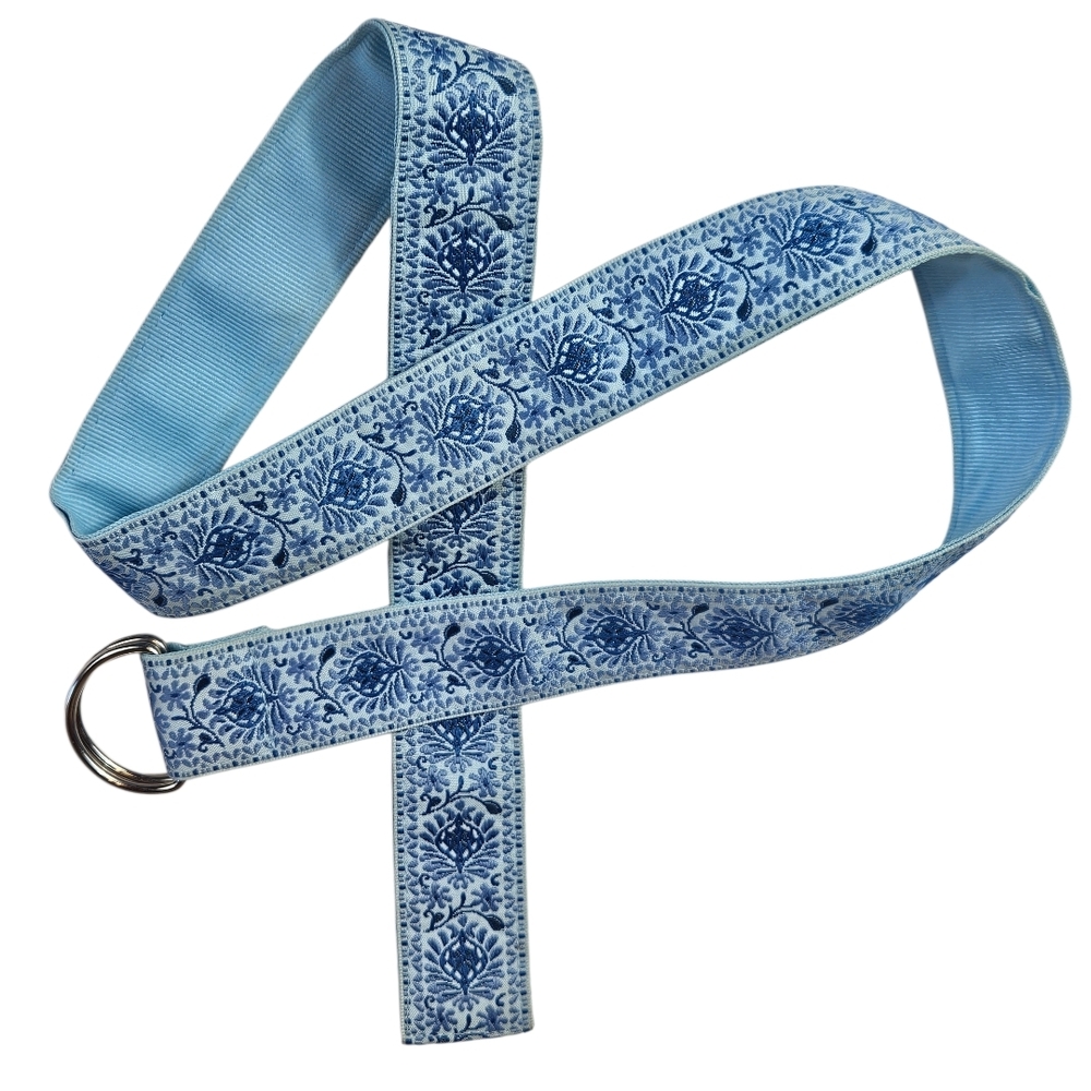 Light Blue Floral Jacquard Fabric Belt with Double Ring Buckle - Picture 2 of 5